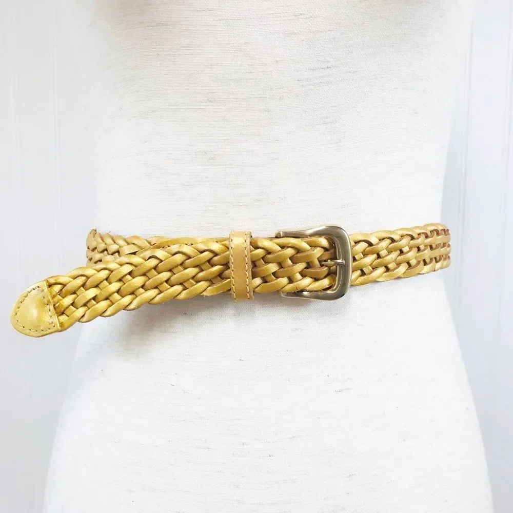 VINTAGE 90s Gold Metallic Woven Leather Belt‎ Braided Y2K Retro Medium Large